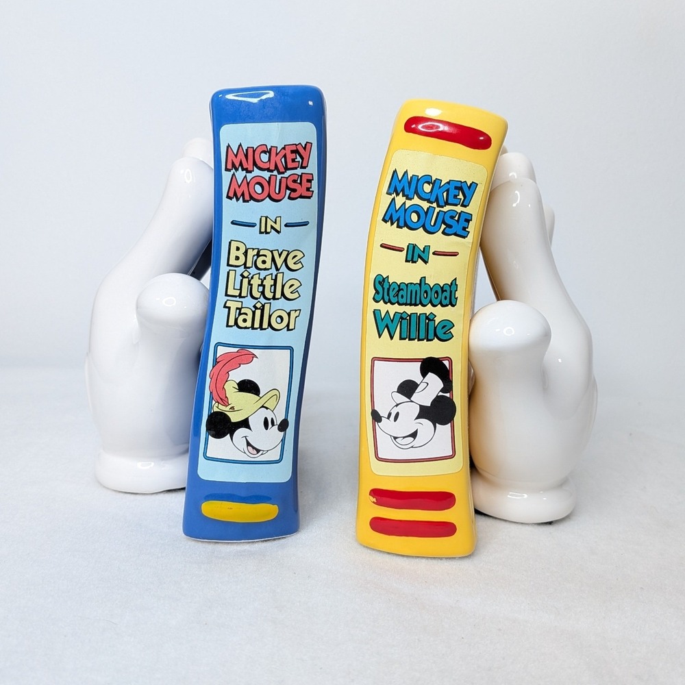 VTG Disney Enesco Mickey Mouse Story Book Gloves Ceramic Book Ends Blue Yellow